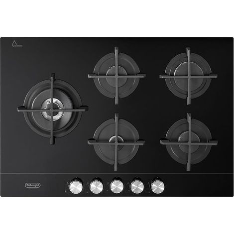 Delonghi – Plaque de cuisson gaz 5 foyers 75 cm – Brûleur double couronne – Surface en verre céramique – Grilles en fonte résistantes