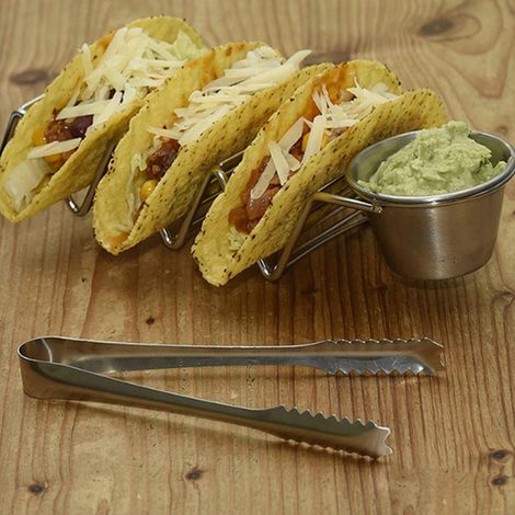 Porte-tacos, support à tortillas en acier inoxydable, support à rouleaux de printemps, support à crêpes, support à tortillas en forme de V à 3 compartiments avec gobelet à sauce (1/5)