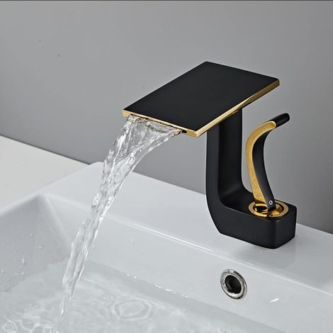 Robinet mitigeur cascade salle de bain noir et or – Finition laiton poli – Montage au pont – Économie d'eau 30% – Débit agréable sans éclaboussures-Karteo (1/5)