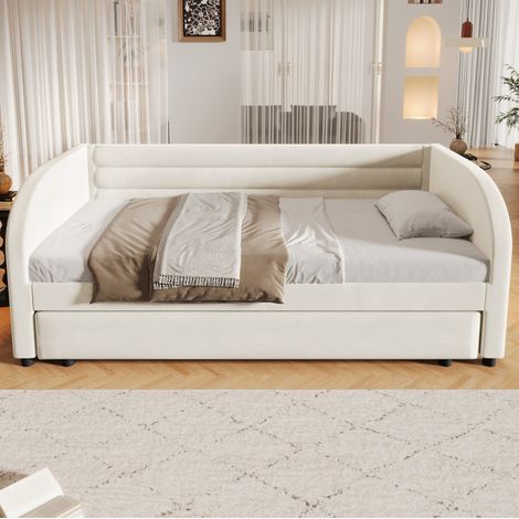 Lit plateforme capitonné 90x200 avec lit gigogne et éclairage LED, beige (1/5)