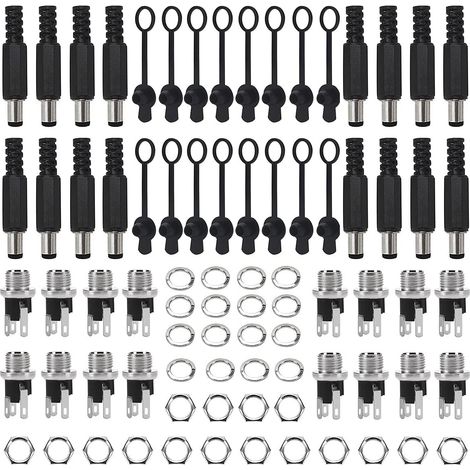 80 Pieces DC Solder Connectors Adaptors 5.5 x 2.1 mm & 5.5 x 2.5 mm Male Jack + Female Sockets with Rubber Cap for Audio/Video/Phone/CCTV (1/5)