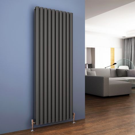 ELEGANT Vertical Column Designer Radiator Anthracite Oval Double Panel Rad 1600 x 590mm + Thermostatic Radiator Valves (1/5)