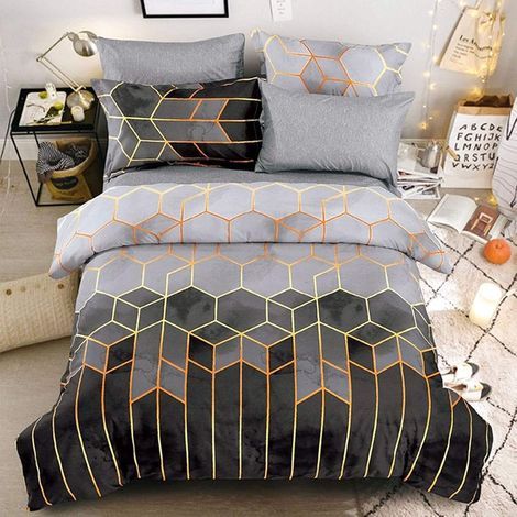 Parure de lit réversible Basics à imprimé géométrique avec taies d'oreiller, pour 2 personnes, fermeture éclair, en microfibre douce, 2/3 pièces (Gris 1, 3 pièces 200x200cm) (1/4)