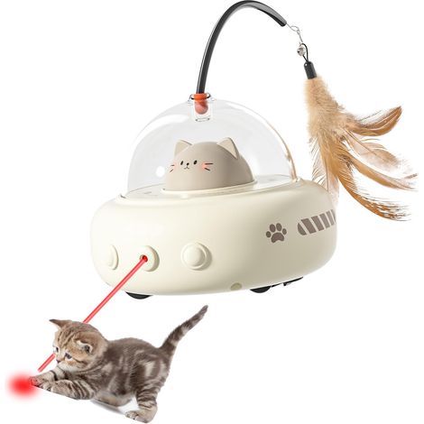 Jouet automatique OVNI 2 en 1 pour chat avec plume et capteur intelligent - Jouet interactif rechargeable pour chats, chatons et chiens d'intérieur - blanc (1/5)