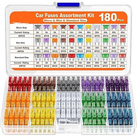 Compatible avec un kit de fusibles automobiles de 180 pièces, comprenant 60 mini fusibles automobiles à lames, 60 fusibles automobiles standard, 60 micro fusibles et un extracteur de fusibles. (1/5)