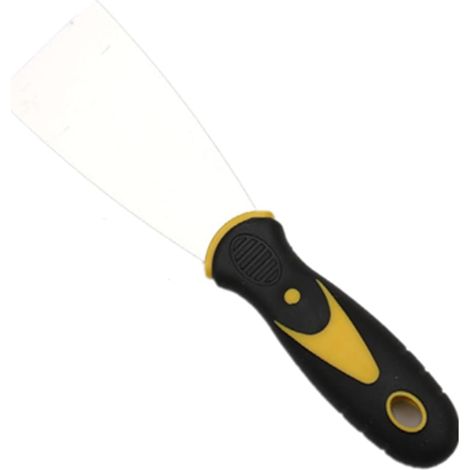 Grattoir en acier inoxydable, 63 mm de large et 0,7 mm d'épaisseur, avec une poignée ergonomique, adapté au jointoiement et au décapage. (1/4)
