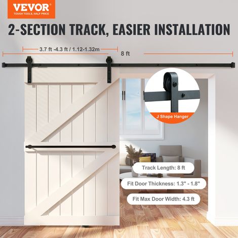 Kit Quincaillerie de Porte Coulissante de Grange 244 cm Rail Porte Coulissante Convient Porte Simple Largeur 1,12-1,32 m Épaisseur 32-45 mm Charge 150 kg Poulie Silencieuse Forme J pour Maison (1/5)