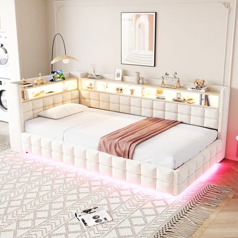 lit simple 90x200 avec coffre étagères LED beige HAVRYA (1/5)