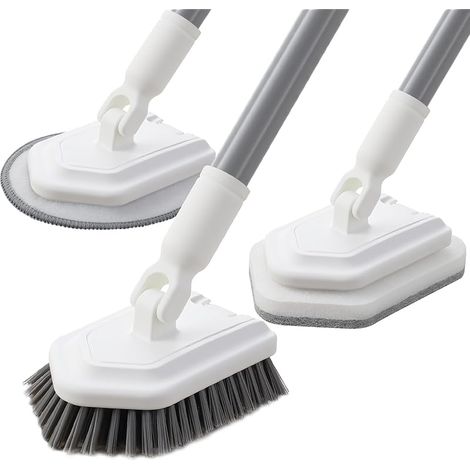 3 en 1 Brosse de Nettoyage de Baignoire avec Long Manche(135cm), Brosse Douche Nettoyage, Brosse Salle à Poils Rigides, Éponge à Récurer & Microfibres pour Salle de Bain, Baignoire, Sol (1/5)