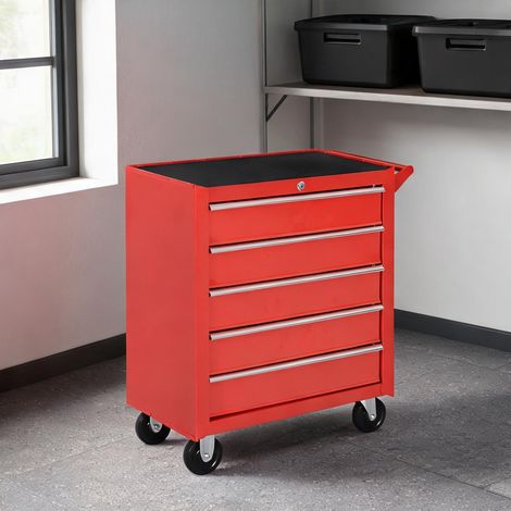 Chariot d'atelier 7 tiroirs verrouillable en acier rouge 150 kg (1/4)