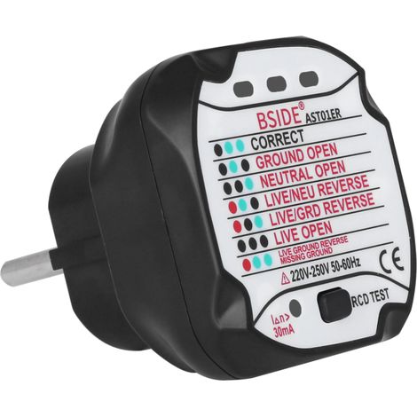 Comprobador de tomacorrientes RCD/GFCI, detector de polaridad y fase, compatible con tomacorrientes de pared y electrodomésticos.