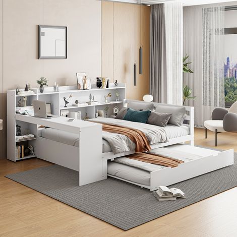 Lit 140x200 avec lit gigogne et rangements, bois blanc HAVRYA (1/5)