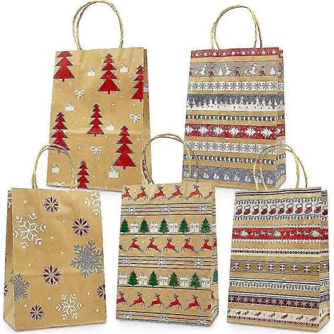 Décorations de Noël, lot de 24 sacs cadeaux de Noël en papier avec poignées, sacs cadeaux de Noël imprimés. (1/5)