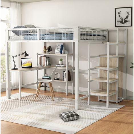 Letto a soppalco in metallo e MDF bianco 140x200 cm con scrivania, scaffali e armadio integrato (1/5)
