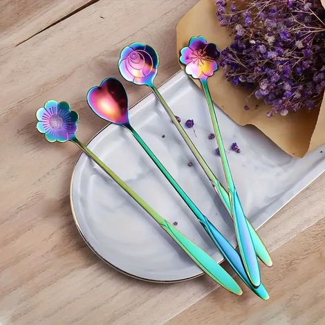 Lot de quatre cuillères à café en forme de fleur en acier inoxydable arc en ciel long manche pour dessert et service de table