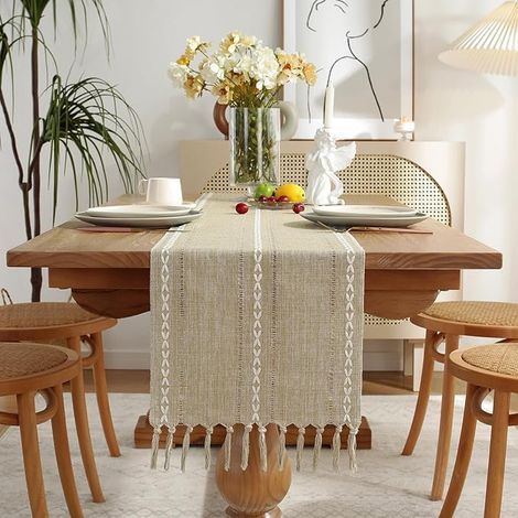 Chemin de Table Bohème Coton et Lin 33×275 cm Jaune Amande