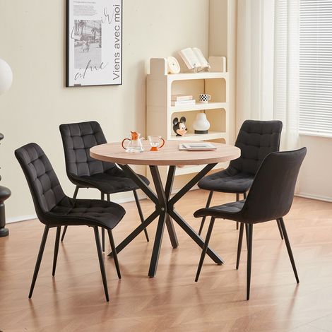 Wokaka Ensemble table et chaises Vintage – Table de salle à manger ronde en MDF  100 cm – avec 4 chaises de rembourrées (Noir) (1/5)