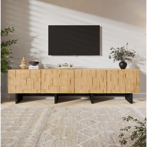 Mueble TV (180x38.5x45 cm), para televisores de hasta 75 pulgadas, 4 puertas, madera natural, MDF y aglomerado (1/5)