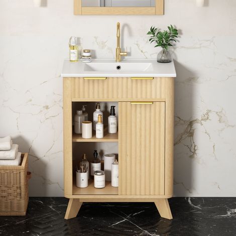 Modernluxe - Meuble de salle de bain 61 cm avec vasque en céramique, sous-vasque sur pieds avec 1 porte coulissante et 3 tiroirs - naturel (1/5)