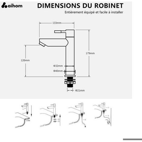 Robinet noir pour lave-mains - Nosheir - Acier inoxydable - Économie d'eau - Hauteur totale 179 mm (1/4)