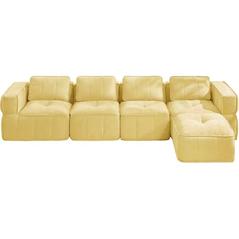 Canapé d’angle modulable 4 places avec pouf, canapé en L jaune pour salon, assise profonde et mousse haute densité 32D (1/5)