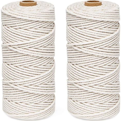 Kit Corde Macramé 3mm x 200m Fil de Coton Beige, 100% Coton Fil Macramé Ficelle Cordelette, Naturel Coton Cordon pour Tricotage Hanging Plant DIY Décoration Emballage Cadeau -Beige (1/4)