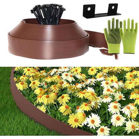 Bordure Jardin Exterieur, Bordure de Jardin Flexible Plastique 5cmx10m, Comprend 30 Pointes d'ancrage et 1 connecteurs Inclus, avec Une Paire de Gants, Bordures Jardin Décorative (Marron, 5cmx10m) (1/5)