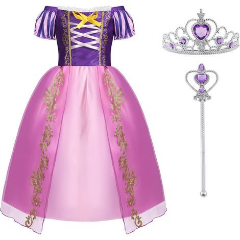 Abito da principessa Rapunzel per bambine con corona e bacchetta magica, perfetto per compleanni, Natale, Halloween, feste di Capodanno e altro ancora, con maniche a sbuffo.