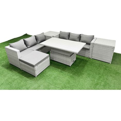 Fimous 6 PCs Rising Dining Table Set Rattan Furniture Set with 3 Seater Sofa Big Footstool 2 Side Tables Light Grey (1/5)