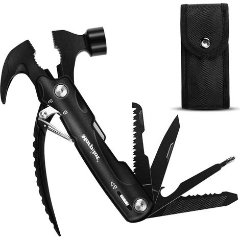 Marteau Multifonction 12 en 1 Pince Multi-Fonction Acier Inoxydable Couteau Pliant, Camping Pliant Multitools, Ouvre Bouteille pour Activités Extérieures, Camping, Randonnée 10211242 Noir (1/5)
