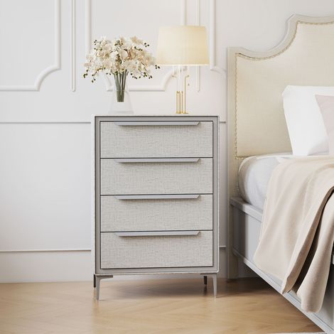 Cómoda de 4 cajones en tela efecto lino, elegante y moderna, con estructura de acero, ideal para recibidor y sala de estar, 60x36x88 cm, gris.