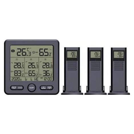 BARKBUSTERS Thermomètre numérique hygromètre avec 3 capteurs sans fil LCD Rétro-éclairage Température Humidité Station Météo Heure Date Semaine Alarme Over-Limit pour Intérieur Extérieur (1/4)