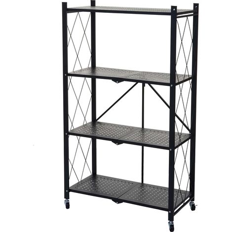 Scaffale libreria HHG-783 pieghevole con ruote acciaio verniciato 4 ripiani nero