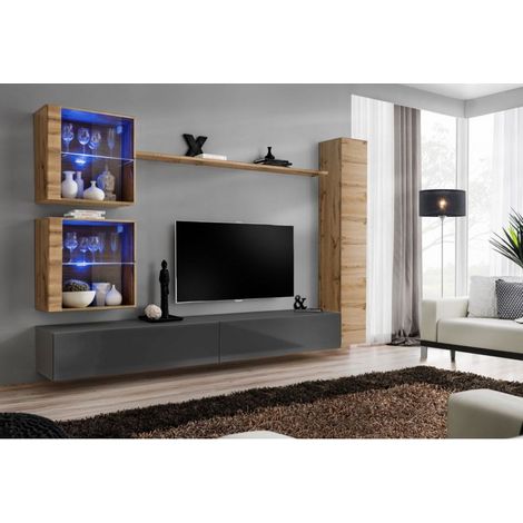 Ensemble mural - Switch XVIII - 2 vitrines LED - 1 vitrine verticale - 2 bancs TV - 1 étagère - Bois et graphite - Modèle 1 - Livraison gratuite