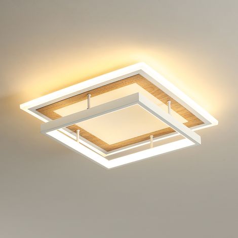 Plafoniera LED quadrata moderna, D30 x H9 cm, lampada da soffitto 34 W 2817 lm, bianco sabbia e legno, 3000 K, soggiorno, camera, cucina (1/5)