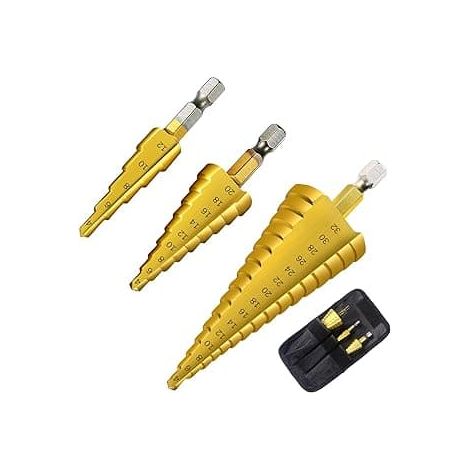 BelleRise - Jeu de 3 forets étagés HSS, forets coniques, scie cloche pour bois, acier inoxydable et tôle. (1/5)
