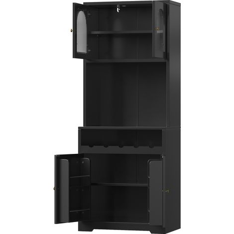 Ensemble de 2 buffets hauts noirs 180 cm avec portes vitrées, éclairage LED RGB contrôlé par application, porte-bouteilles et étagères réglables (1/5)