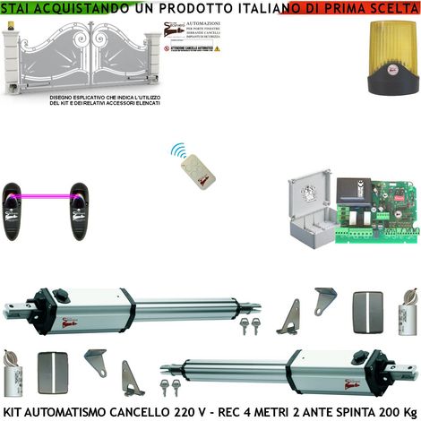 Cancello Elettrico 4 Metri 2 Ante Kit Motori 230 V Stelo Retrattile Autobloccante Corsa 300 MM Radiocomando Fotocellule Faro Chiave Cartello Monitore Centrale Luce di Cortesia Condominiale o Pedonale (1/4)