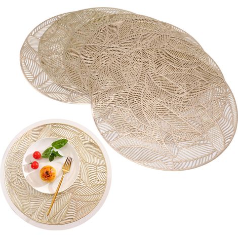 Lot de 6 sets de table ronds créatifs dorés en PVC ajouré, style européen, pour restaurant, avec sous-verres et motif feuille isolante. (1/5)