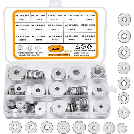 Rondelles en Acier Inoxydable, 225 Pièces Rondelles Plates Metal M3/M4/M5/M6/M8/M10/M12 Rondelle Étanchéité Ronde Fixation Meuble pour Vis Boulons, Ensembles d'Outils à Main (1/5)