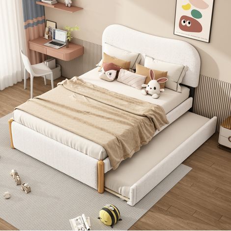Cama tapizada de felpa blanca 140x200 cm con cama nido extraíble y somier de láminas (1/5)