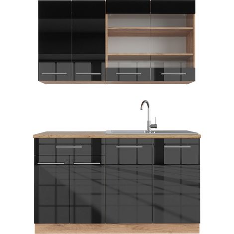 Cucina completa Fame-Line, Antracite lucido/oro power oak, 140 cm , PL Rovere, Vicco