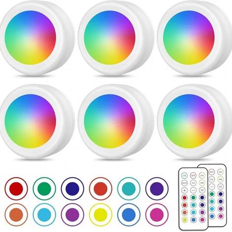 Spot LED Sans Fil, Couleurs Lampe Placard avec Telecommande, Eclairage Batterie Armoire Lumiere, Lot de 6,Blanc (1/5)