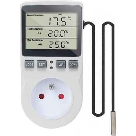 Prise Thermostat Régulateur de Température Numérique 220V Chauffage Refroidissement avec Sonde, Contrôleur de Température LCD pour Frigo, Incubateur, Serre, Ventilateur (1/5)