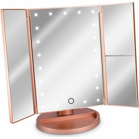3-Sided LED Lighted Standing Mirror - Folding Triptych Makeup Mirror on Stand with 2 x 3 Magnifying Effect - Battery or USB - Rose Gold (1/5)