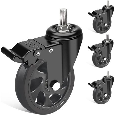 Möbelrollen Gewindeschaft M10x30mm, 125MM Lenkrollen mit Bremse, Doppelkugellager Schwerlastrollen 360° Drehung, Bis zu 200KG (1/4)