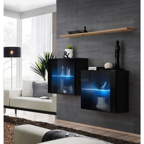 Commode - Switch SB III - 2 vitrines LED - 1 étagère - Bois et noir - Modèle 2 - Livraison gratuite