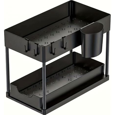 Organiseur 2 niveaux sous évier pour cuisine et salle de bain - Rangement épices, accessoires - Noir