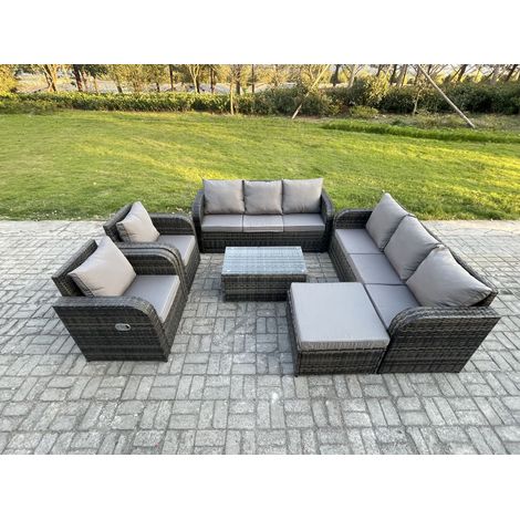 Fimous Rattan Gartenmöbel Sofa Set Tisch & Stühle Set mit 3-Sitzer Sofa Liegestühle 2 Großer Hockern Dunkelgrau Gemischt (1/5)