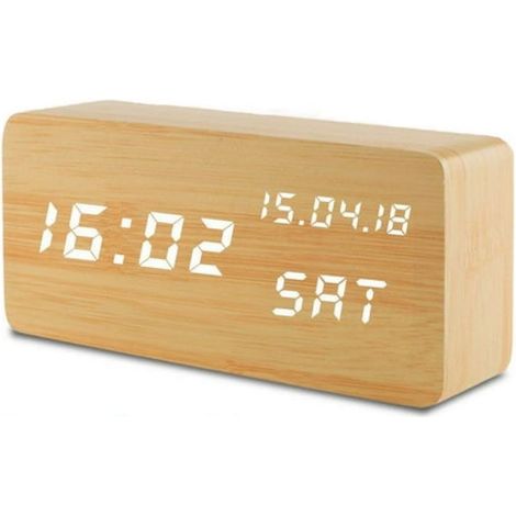 Réveil numérique, horloge de bureau en bois avec 3 alarmes, 3 niveaux de luminosité, commande vocale, affichage LED, température et humidité, mini-réveil de voyage (1/5)
